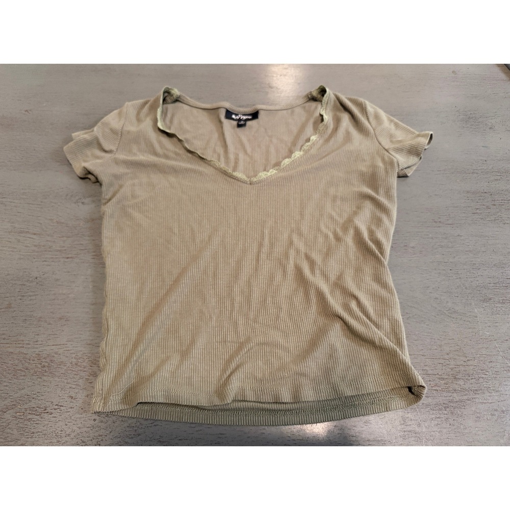 Self Esteem Womens Olive Green Ribbed V-Neck Lace Trim Short Sleeve Top Size M